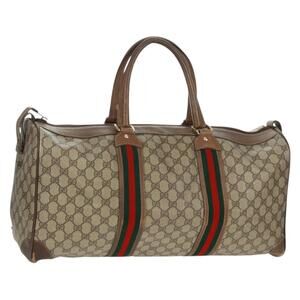 GUCCI GG Supreme Web Sherry Line Boston Bag PVC Beige Gold Auth 158687